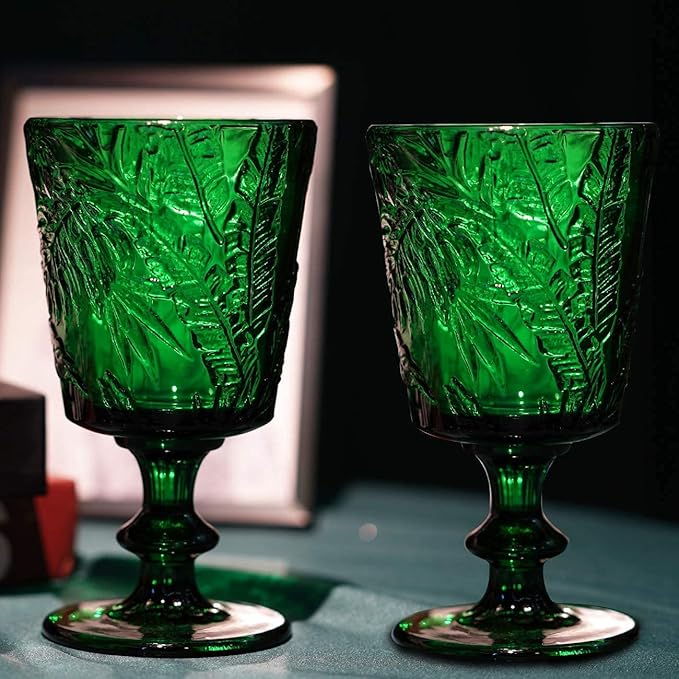 Jomop Handmade Pressed Colored Stemmed Wine Glasses Set Green Set of 4 Retro St. Patrick's Day Vintage Glassware (4, Wine Goblet)