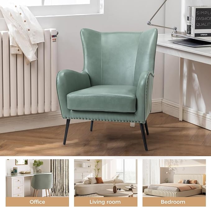 HULALA HOME Faux Leather Accent Chair with Removable Cushion, Comfy Upholstered Armchair with Black Metal Legs & Nailhead Trim Wingback Vanity Chair for Bedroom Reading Living Room, SAGE