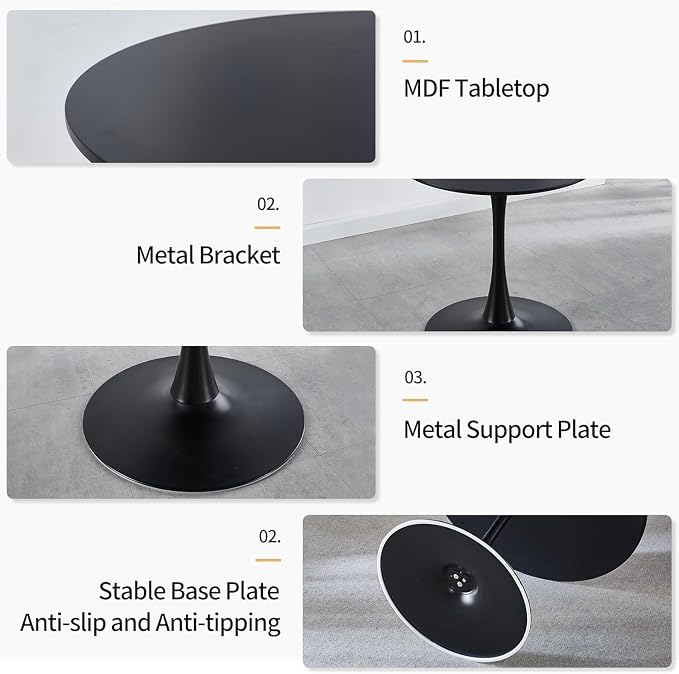 42 Inch Black Round Dining Table for 4-6 People,Mid-Century Black Tulip Table,Modern Kitchen Dining Table with MDF Table Top and Pedestal Base for Home and Kitchen