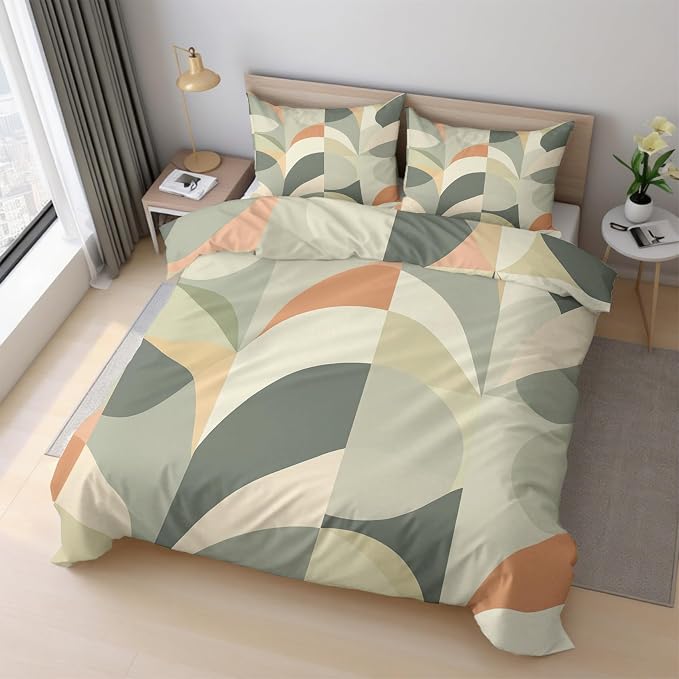 Sage Green Geometric Duvet Cover Twin Size, Boho Abstract Bedding Set 2 pcs with 1 Pillow Cover, Mid Century Modern Bedroom Decor, Soft Microfiber Reversible, Zipper & Ties KJJT 109