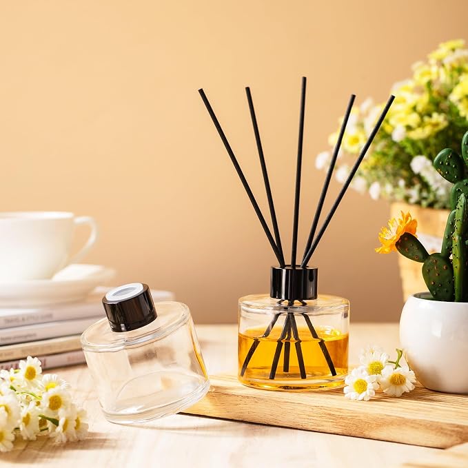 Chunful 20 Sets Reed Diffuser Bottle Empty Refillable Fragrance Glass Diffuser Bottles 100ml Round Glass Jars with Black Caps and Rattan Sticks for Living Room Home Replacement Fragrance DIY Decor