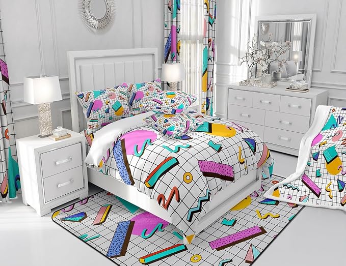 Memphis Duvet Cover Set King Size, Retro 80s or 90s Geometric Fashion Style Comforter Cover with 2 Pillowcases, Vintage Hip Hop Bedding Set for Kids Boy Girls Lightweight Bedspread Cover,No Comforter