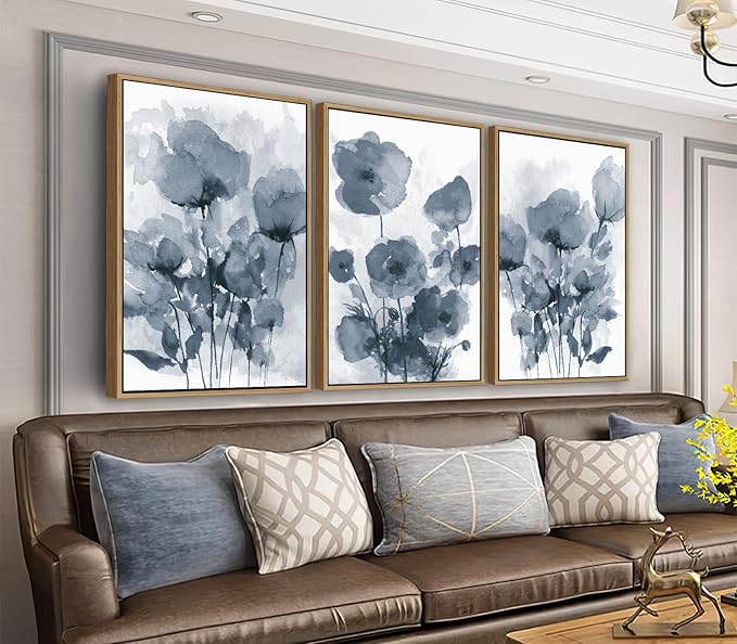 arteWOODS Botanical Framed Wall Art - Abstract Watercolor Style Pictures Grey Blue Floral Wall Decor Minimalist Prints Aesthetic Flowers Painting Artwork 24" x 36" Set of 3 Natural Framed