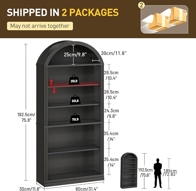 RALGEND Arched Bookshelf Set of 2, 75.8" Tall Arch Bookcase with Storage, 6-Tier Farmhouse Book Shelf, Arched Cabinet, Wooden Bookshelf with Open Display Shelves, Adjustable Shelf, Office, Black