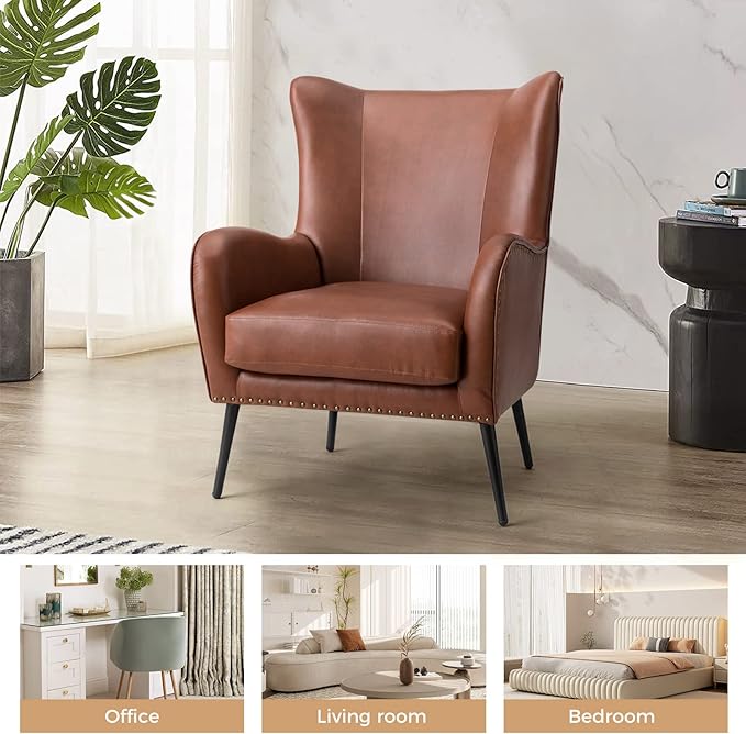 HULALA HOME Faux Leather Accent Chair with Removable Cushion, Comfy Upholstered Armchair with Black Metal Legs & Nailhead Trim Wingback Vanity Chair for Reading Living Room Bedroom, Brown