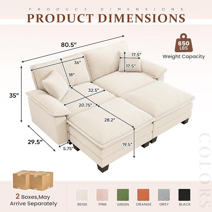 Modular Sectional Sofa Cloud Couch, Comfy Corduroy Loveseat with Ottoman Upholstered Deep Seat Sleeper Sofa Bed 2 Seater Couch Oversized Chaise Lounge Chair Indoor for Living Room Bedroom, Beige