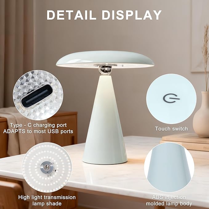 Mushroom Lamp Mid Century Modern Table Lamp, LED Cordless Rechargeable Bedside Light, Dimmable Touch 3-Color Temp, Retro Small Lamp for Bedroom, Living Room，Aesthetic Decor (Green)