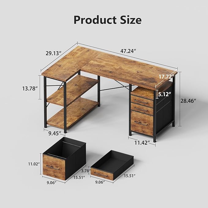 Maihail 47" Computer Desk with Drawers, Desks for Bedrooms, Writing Desk with Storage, Work Desk for Small Space, Rustic Brown