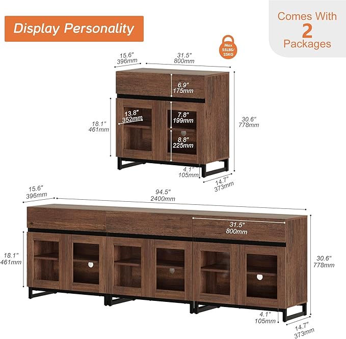 WAMPAT 94.5'' Multifunctional Sideboard Buffet Cabinets with 6 Glass Doors and 3 Drawers, Modern Sideboard Credenza, Coffee Bar Storage Cabinet for Living Room, Kitchen, Brown