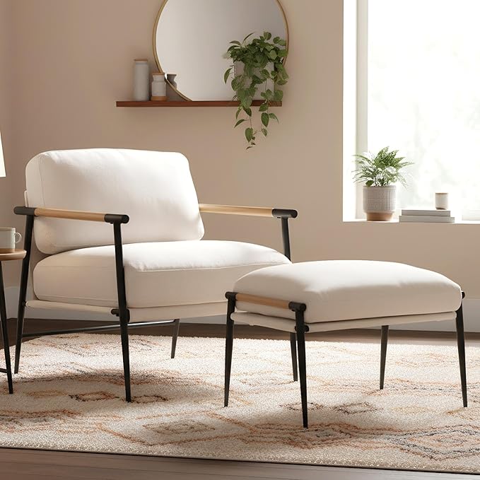 DUOMAY Mid Century Modern Accent Chair with Ottoman Set, Chenille Beige Upholstered Living Room Chair with Metal Legs Lazy Lounge Chair Set with Footrest for Bedroom Living Room