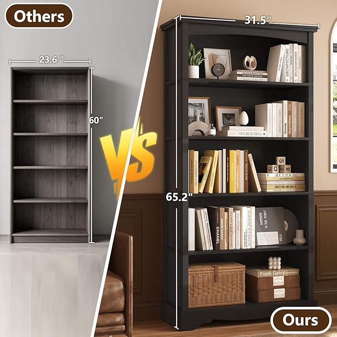 TVU 5-Tier Wooden Bookshelf, 65" Tall Farmhouse Style Open Bookcase, 31.5" W Standing Book Shelf with Storage, Suitable for Study, Living Room, Office, Blcak