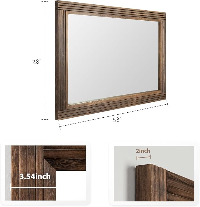 YOSHOOT Hand-Made Wooden Spliced Wall Mirror for Bathroom, Rustic Farmhouse Vanity Mirror, Décor Wall Art, Solid Wood Frame, Vertical or Horizontal Hanging, 53" x 28", Brown