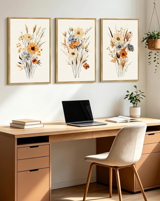 KUVIOKE Vintage Wildflower Bouquet Framed Wall Art Retro Flower Botanical Pictures Illustrations Colorful Floral Hanging Decor 16x24in (Natural Framed)
