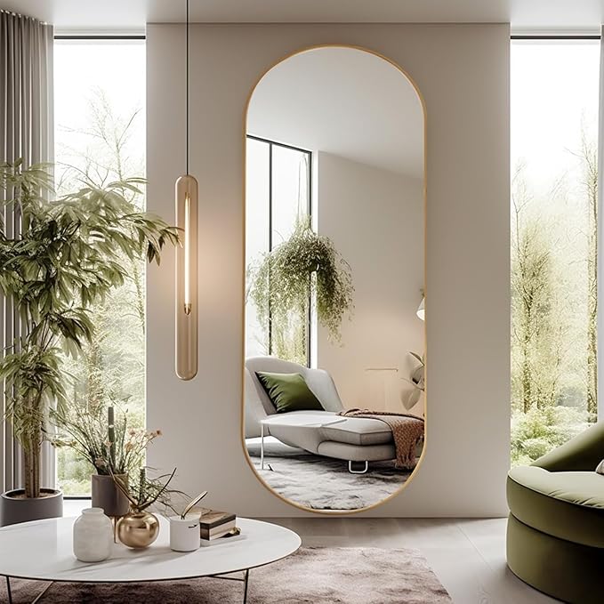 Arched Full Length Floor Mirror, Oval Full Floor Mirror, Large Wall Mounted Arched-Top Body for Living Room, Bedroom, Bathroom, Entryway, Dressing Room (Gold, 65 * 22)