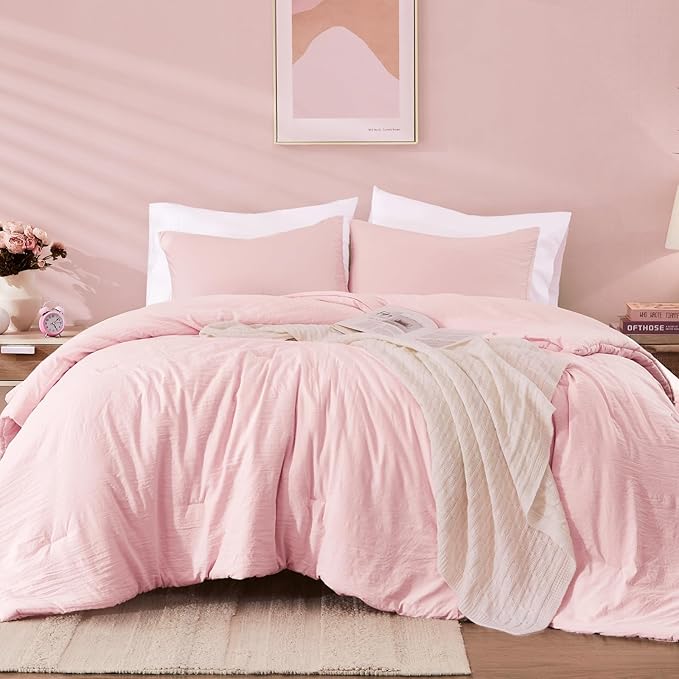 WRENSONGE Queen Comforter Set - 3 Pieces Prewashed Soft Pink Comforter Soft Lightweight for All Seasons,Down Alternative Comforters Queen Size with 2 Pillow Shams