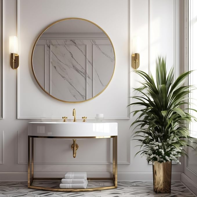 Sunniry Round Gold Mirror, 28 inch Round Mirror, Circle Bathroom Mirrors Metal Frame, Wall Mounted Circle Mirrors for Bathroom, Living Room, Hallway, Farmhouse.