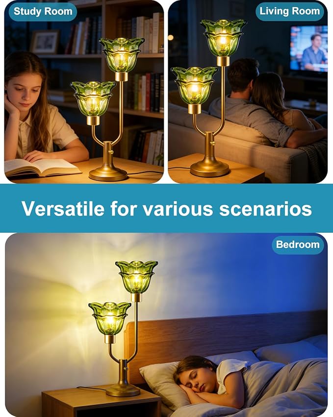 Lightdot Green Glass Flower Table Lamp Dimmable Nightstand Lamp Mid Century Modern Vintage Gold Desk Lamp 2 Bulbs Included Warmwhite Ambient Bedside Lamp for Living Room Bedroom Home Office Decor Gift