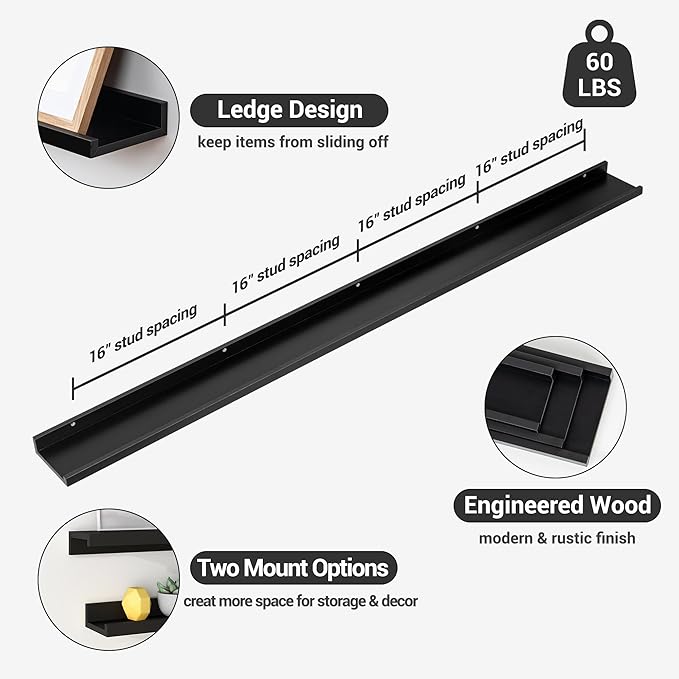 Axeman 72 Inch Floating Shelves | Black Picture Ledge Shelf Set of 3 | Rustic Wood Wall Shelves with Lip | 72" Black Picture Shelf for Wall with Ledge | Photo Shelves