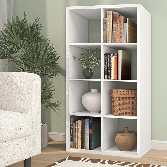 CTESNE【2026 Wooden Thick Frame 8 Cube Storage Organizer Shelf with Anti-Tipping Kits + Reversible Open Back Bookcase, Horizontal and Vertical Dual-use（White,11inch）