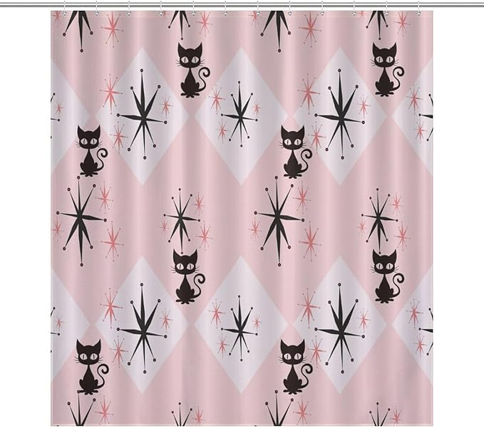 Mid Century Modern Shower Curtain,Pink Retro Atomic Cat Abstract Geometric 1960s Fabric Bathroom Decor Curtains with Hooks 66x72in（168x183cm）