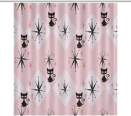 Mid Century Modern Shower Curtain,Pink Retro Atomic Cat Abstract Geometric 1960s Fabric Bathroom Decor Curtains with Hooks 66x72in（168x183cm）