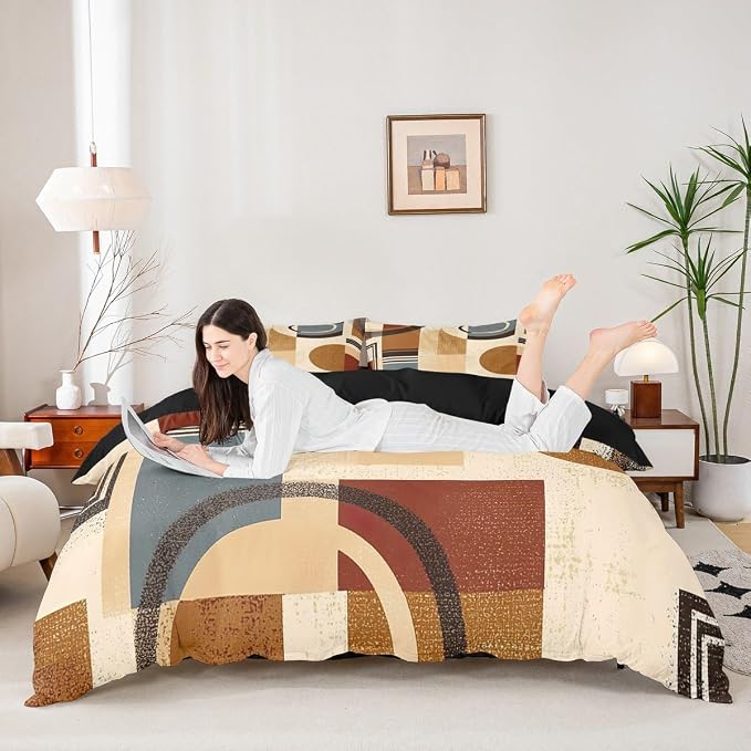 Modern Geometric Duvet Cover Set Toddler Size,Abstract Retro Striped Circle Bedding Set,Boys Girls Room Decor,Minimalist Aesthetic Squares Comforter Cover,Brown Quilt Cover,1 Pillowcase(No Filler)