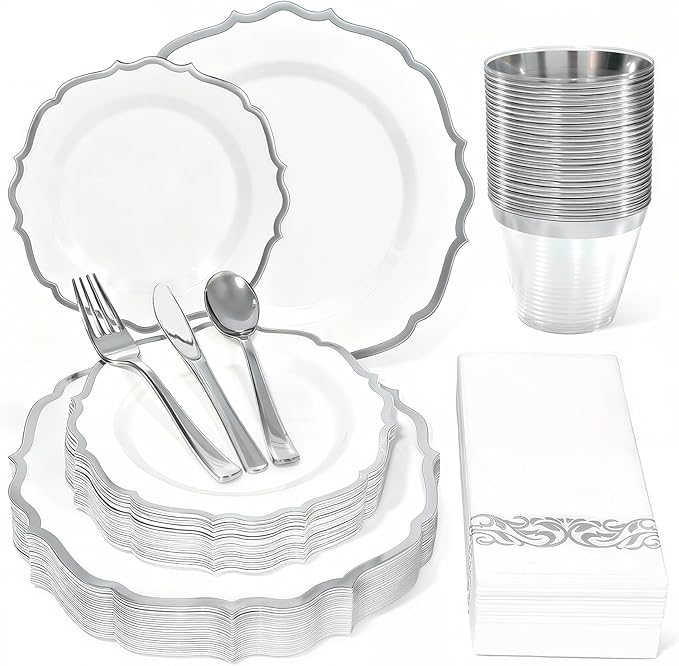 175 Plastic Dinnerware Set,Silver Disposable Dinnerware Set for 25 Guests Include 50 Plastic Plates,25 Silverware Set,25 Cups and 25 Napkins for Christmas,Party,Wedding,Thanksgiving