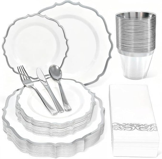 175 Plastic Dinnerware Set,Silver Disposable Dinnerware Set for 25 Guests Include 50 Plastic Plates,25 Silverware Set,25 Cups and 25 Napkins for Christmas,Party,Wedding,Thanksgiving