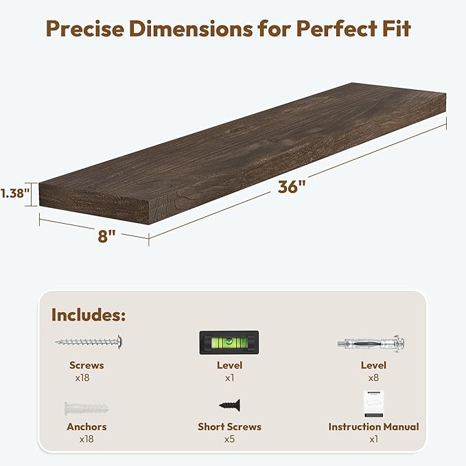 Vivelove Solid Wood Floating Shelves Set of 2, Elm Wood Wall Shelf with Invisible Bracket for Living Room Bedroom Bathroom Office, Rustic Farmhouse Display Shelf, 36 inch - Dark Walnut
