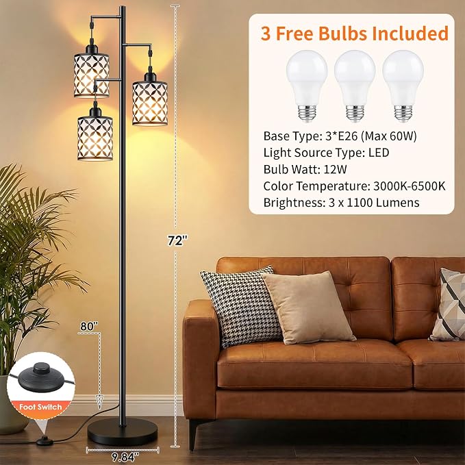 Dimmable Floor Lamp, Farmhouse Standing Lamp with Elegant Metal Cage, Industrial Tall Tree Floor Lamps for Living Room, Bedroom, Study Room, Office, 3 x 800LM LED Bulbs Included, 72", Black