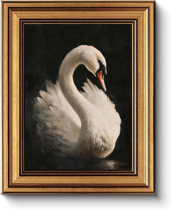 HUARCEY Gold Framed Vintage Wall Art for Living Room, Animals Painting Prints Shelf Decor for Kitchen, Aesthetic Bedroom Wall Art, Best Gifts for Friends or Family - Swan Black 10L x 8W