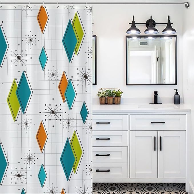 Mid Century Modern Shower Curtain,Abstract Atomic Starburst Geometric Diamond Pattern Shower Curtains Set for Bathroom Fabric Decorative Bath Curtain Washable Curtain Hooks, 72x72 in