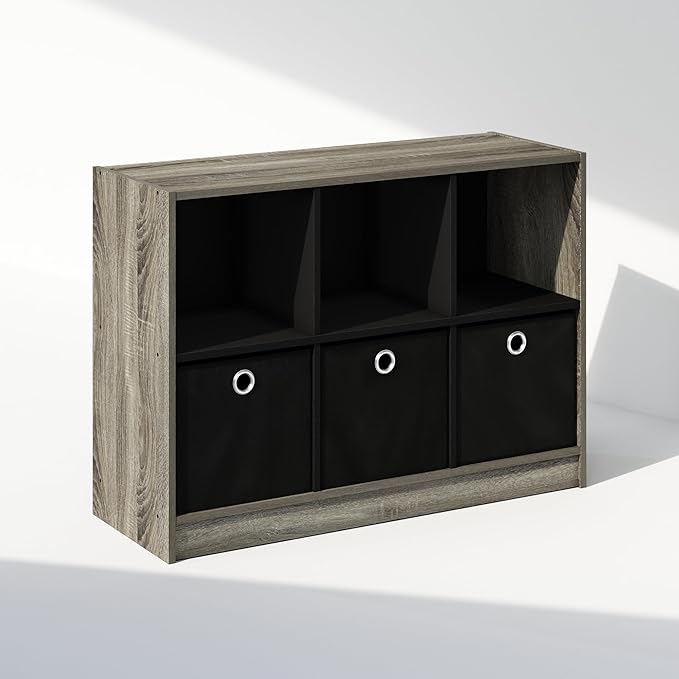 Furinno Cubic Closet Organizers and Storage, 6-Cube Closet Organizer with Bins, Open Shelf Storage, for Wardrobe, Bedroom, Living Room, French Oak/Black