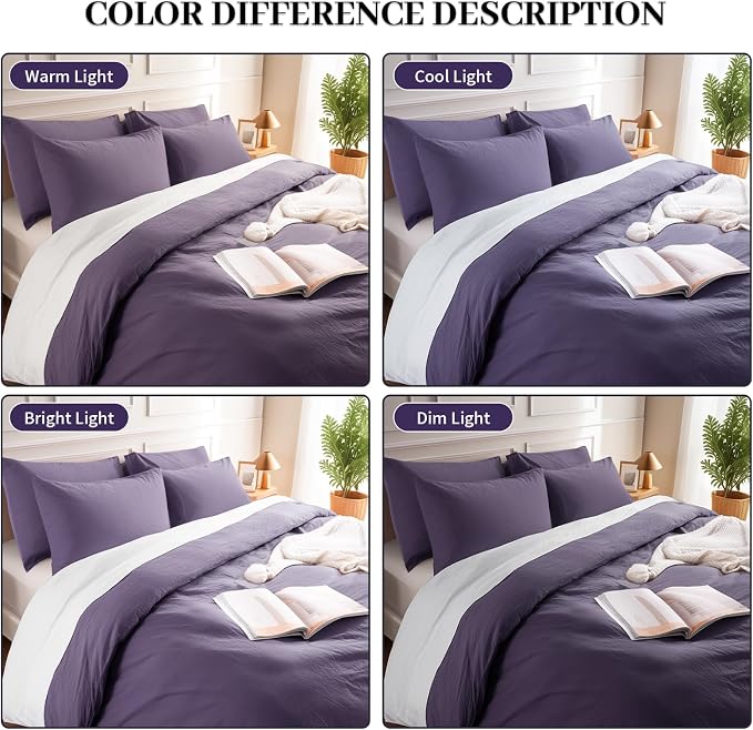 NEXHOME PRO 100% Washed Cotton Duvet Cover King Size, Ogranic Natural Linen Feel Breathable Bedding Set with Zipper Closure, 3 Pieces Duvet Cover Set Eggplant (No Comfortert) 10490