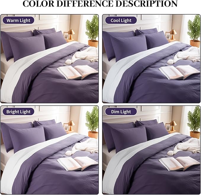 NEXHOME PRO 100% Washed Cotton Duvet Cover Queen Size, Ogranic Natural Linen Feel Breathable Bedding Set with Zipper Closure, 3 Pieces Duvet Cover Set Eggplant (No Comfortert) 9090
