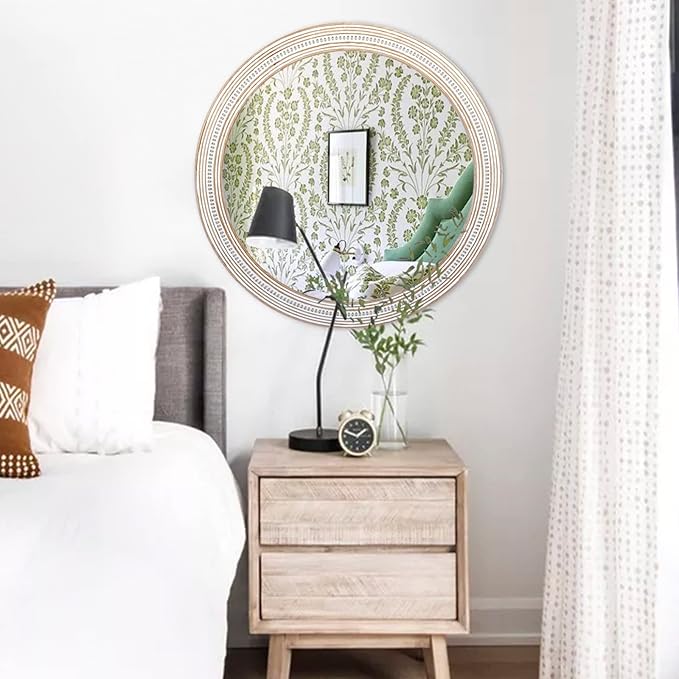 Reflinto 30 Inch Wood Framed Boho Round Mirror for Bathroom, Rustic Farmhouse Decorative Wall Mirrors for Over Sink, Living Room, Foyer, Entryway, Hallway