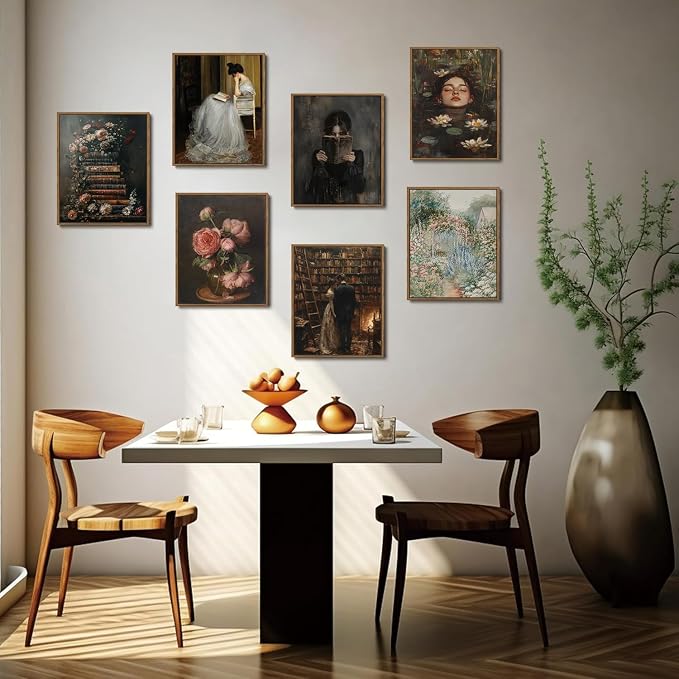 WALLZK Vintage Framed Wall Art Lady Reading Canvas Prints Dark Academia Moody Victorian Decor Pictures Artwork for Walls Living Room Study Bedroom Bathroom 8"x10"