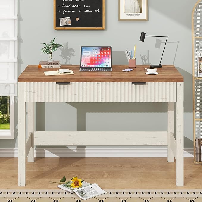 YOMILUVE Fluted Computer Desk with 2 Drawers, 39 Inch Small Computer Desk with Storage, Compact Writing Study Vanity Desk for Small Spaces, Antique White