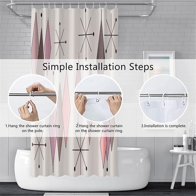Mid Century Shower Curtain Vintage Abstract Pink Brown Diamond Geometric Atomic Starburst Pattern for 1950s Retro Bathroom Decor Accessories Shower Curtain Set with 12 Hooks, 48x72 Inches