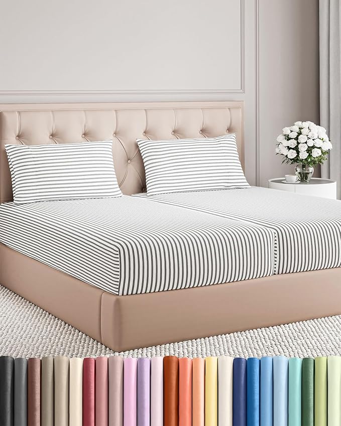 Split King Size 5 Piece Sheet Set - Comfy Breathable & Cooling Sheets - Hotel Luxury Bed Sheets for Women & Men - Deep Pockets, Easy-Fit, Soft & Wrinkle Free Sheets - Grey Stripes Oeko-Tex Bed Sheets