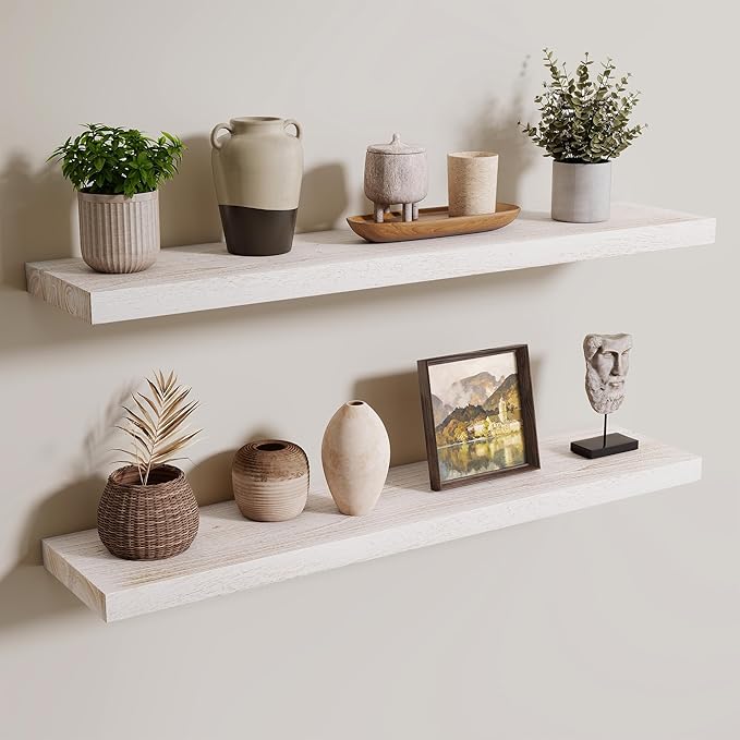 Axeman Floating Shelves for Wall, 8 Inch Deep Rustic Solid Elm Wood Wall Shelves for Storage, Wall Mounted Display Shelving with Invisible Heavy-Duty Metal Bracket, 36'' Width Set of 2, White Wash
