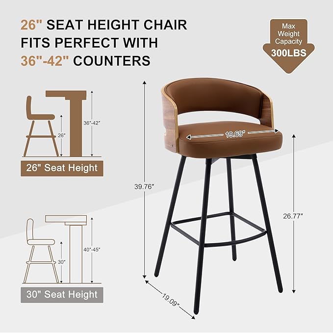 Swivel Bar Stools Set of 4, 26" Counter Height Bentwood Barstool, Upholstered Faux Leather Barstools with Walnut Back, Mid Century Modern Bar Chairs for Kitchen Island, Bar