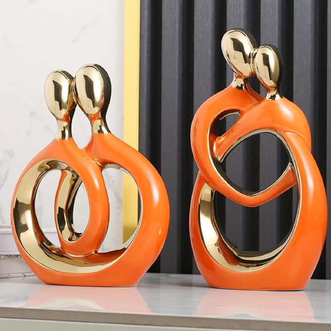 APLUSH Modern Couple Statue Home Decor, Abstract Art Ceramic Sculpture Creative Crafts Living Room Decor for Bedroom Office Coffee Table Shelf Decor,Orange,2pcs