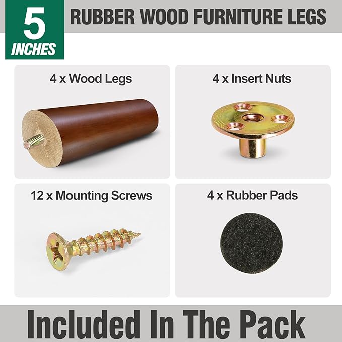 FoDau770 Brown Rubber Wood Furniture Legs 5 Inches, Slant Tapered Wood Feet Mid Century Sofa Legs Set of 4, 5/16" UNC Furniture Feet Replacement Parts for Cabinet Couch Dresser Chair Ottoman Table
