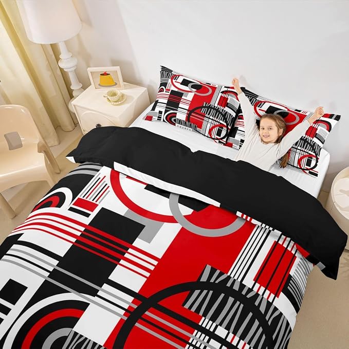 Erosebridal Art Deco Mid Century Duvet Cover Set Retro Modern Abstract Geometric Queen Bedding Set for Preteen Boys Girls Black and White Red Circles Stripes Comforter Cover Contemporary Bed Sets