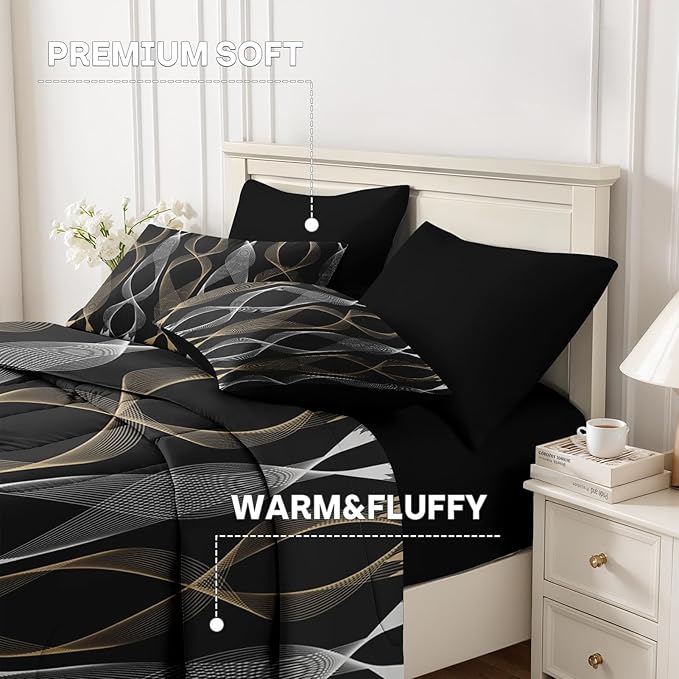 Nesker 7 Pcs Comforter Set Full Size, Striped Minimalist Bedding Set for Kids and Adults, White Golden Wave Bed Sheet Sets with Fitted Sheet 2 Pillowcases & 2 Shams