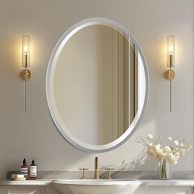 OVALCREST - Oval Wooden Beveled Wall Mirror for Home Decor, Bathroom, Vanity, Bedroom, Living Room, Hallway - London Style (Silver Spray) 41.1 x 31.1