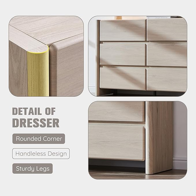 Modern 6 Drawers Dresser for Bedroom, 47" Wide Dresser w/Large Storage & Rounded Corner, Wood Handleless Chests of Drawers w/Natural Texture for Bedroom, Hallway, Living Room-Cream