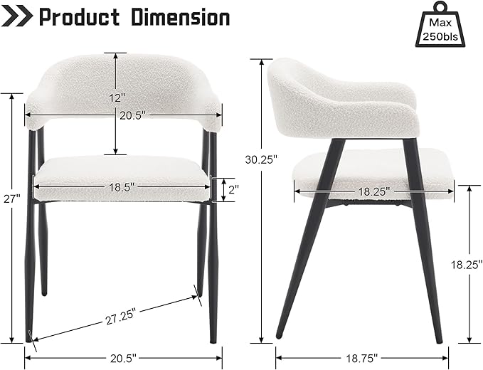 HNY Modern Dining Room Arm Chairs Set of 4, Faux Sherpa Boucle Upholstered Barrel Dining Chairs with Arms Mid-Century White Accent Chair with Metal Legs, Open-Back Kitchen Side Chair for Living Room