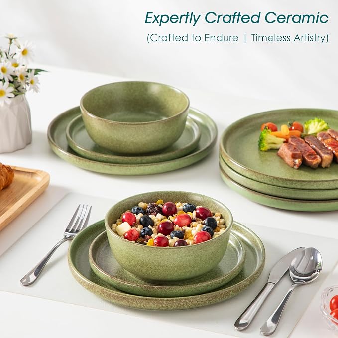 vancasso Plates and Bowls Sets, 24 Pieces Stoneware Dinnerware Set for 8, Ceramic Dish Set for Kitchen, Microwave and Dishwasher Safe, Mossy Green, Series ZERMATT
